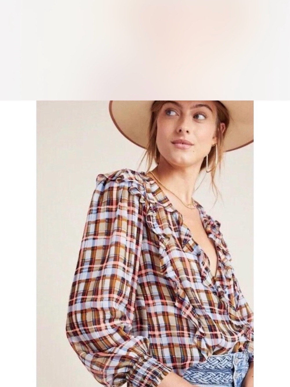 Anthropologie Maeve Plaid Ruffle V-Neck Blouse - Blue, Brown, Coral